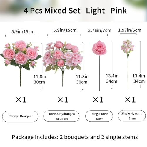 4 Pcs Mixed Artificial Peony Flowers Set-2 Bouquets & 2 Stems, Pink Fake Peony Rose Hydrangea Flowers for Vase Silk Floral Arrangements for Table Centerpiece Wedding Party Bridal Decoration Home Decor - color: Light Pink, size: Mixed 4pcs