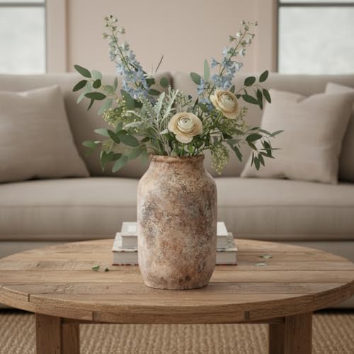 Rustic Terracotta Vase, Farmhouse Ceramic Vase, Decorative Clay Vintage Vases for Home Decor, Living Room,Table, Shelf Decor, 9 inch, Brown - color: Orange