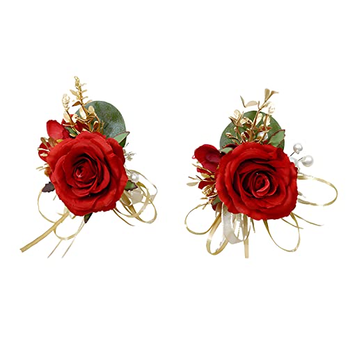 Red Rose Wrist Flower Corsage & Boutonniere Set for Wedding Bride Bridesmaid Groom Groomsmen Parents Suit Lapel Pin Button Hole Flower for Prom Homecoming, Tea Party, Formal Dinner - color: Red Set