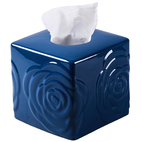 Deep Blue Ceramic Cube Tissue Box Cover with Rose – Large Elegant Rose Floral Square Decorative Tissue Box Holder for Bathroom, Bedroom, Office Desk, Kitchen Counter – Perfect Housewarming Gift - color: Deep Blue