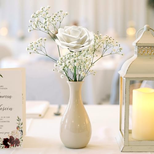 Lifewit Artificial Flowers, 50 Pcs Ivory Foam Real Looking Roses with Stems, Fake Roses for DIY Wedding Bouquets, Centerpieces Arrangements, Valentine Decorations - color: Ivory