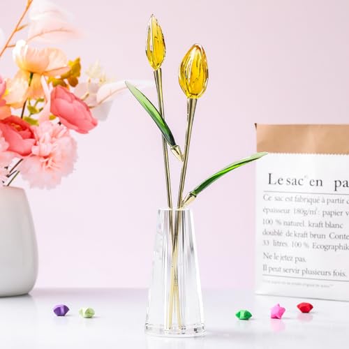 LONGWIN Crystal Tulips Flower Figurine Collectible with Vase Glass Spring Bouquet Flowers with Stem Home Decor Gift for Women Mom - color: Long - Gold