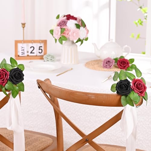 9 Pcs Artificial Flowers Fake Rose with Stems - Black Real Touch Foam Roses for DIY Wedding Bouquet Bridal Shower Cake Toppers Centerpiece Table Valentines Day Supplies Decorations - color: Black, size: 9Pcs