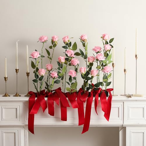 Hawesome 12PCS Artificial Silk Flowers Realistic Roses Bouquet Long Stem for Home Wedding Decoration Party (Pink, 6 Flowers 6 Buds) - color: Pink, size: 6 Flowers 6 Buds