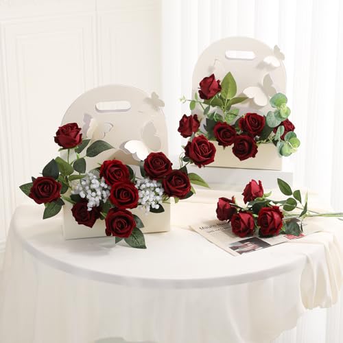 Hawesome 12PCS Artificial Flowers Fake Roses, Realistic Velvet Long Stem Red Roses Bouquet for Wedding Centerpiece Home Decor Party & Valentines (Wine) - color: Wine