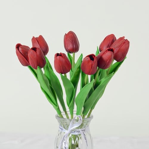 Artificial Flowers Tulips Fake Flowers Real Touch Latex Tulips Faux Flowers Bouquet for Wedding Party Arrangements Home Decor and Baby Shower Centerpieces (10, Wine Red) - color: Wine Red