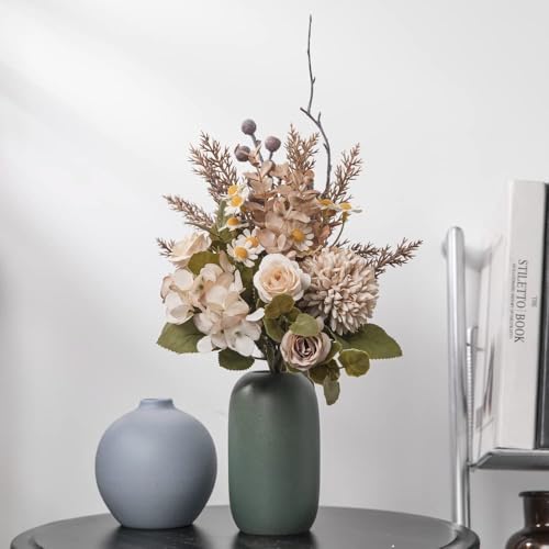 12-inch Small Fake Silk Flowers Fall Bouquet Faux Centerpieces with Roses, Dandelions, Hydrangea, Daisies, Hollyberries - Realistic Artificial Floral Arrangements for Home Kitchen Decor - color: Brown