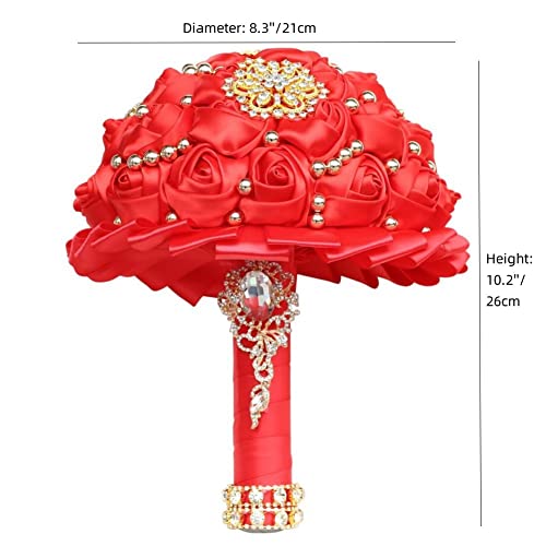 Red Bridal Wedding Bouquet Luxury Gold Rhinestone Brooch Bouquet for Bride Bridesmaid Quinceanera Satin Red Rose Artificial Flower Bouquet Wedding Red 8.3in,Bouquet3218G-Red21 - color: Red, size: Diameter: 8.3 inches