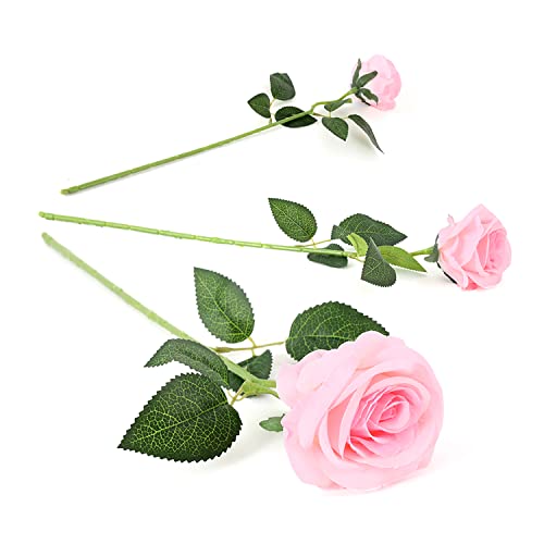 Laelfe 12 PCS Artificial Flowers Roses Fake Silk Flowers Long Stem Artificial Roses for Home Wedding Decorations - color: Light Pink