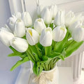 10 Elegant White Tulip Artificial Flowers with Dark Green Leaves - color: White2
