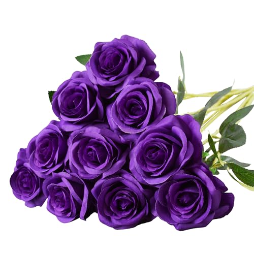 10 Pcs Purple Rose Artificial Flower, Faux Silk Flowers With Long Stems, Fake Roses Bulk Bouquet for Decoration Valentine's Day Centerpieces Proposal Bridal Bouquets Shower Party Home Floral Decor - color: Purple