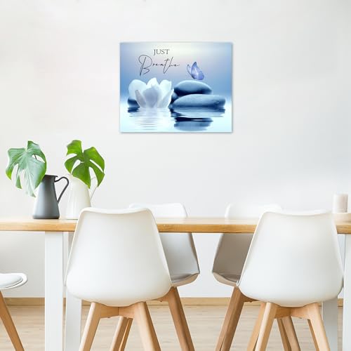 LB Zen Wall Art for Bathroom Butterfly and White Water Lily Flower on Blue Canvas Wall Art Wall Paintings Home Decor Modern Wall Pictures for Living Room Bedroom Office Ready To Hang,10x8 Inch - color: Blue, size: 8"L x 10"W