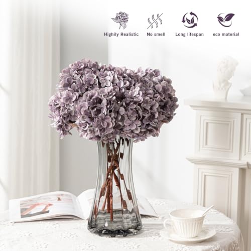 Artificial Flower Fake Silk Hydrangea Heads Bouquet With Stems Bulk for Fall Decoration Table Center Christmas Indoor Outdoor Faux Decorations Floral Realistic With Leaves Plants Craft(Grayish Purple) - color: Grayish Purple