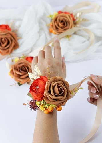 Set of 2 Wrist Corsage Wristlet for Wedding Bridesmaid Mother Grandmother for Bridal Shower Wedding Artificial Roses Flower Prom Burnt Orange Cream Yellow - color: Burnt Orange