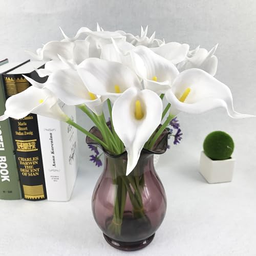 Calla Lily Bridal Wedding Festival Decor Bouquet Real Touch Latex Flower Bouquet Pack of 20 (Yellow-White) - color: White