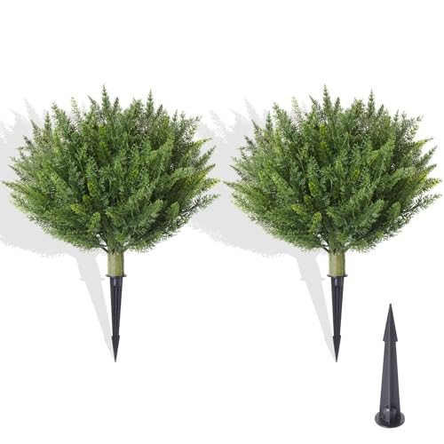 15.7" Christmas Fake Shrubs, Artificial Cedar Ball Tree Plant, 2 Packs of Fake Cedar Outdoor shrubs with Ground Spike, UV Resistant Fake shrubs, Used for Indoor and Outdoor Front Porch Gardens - size: Cypress15.7