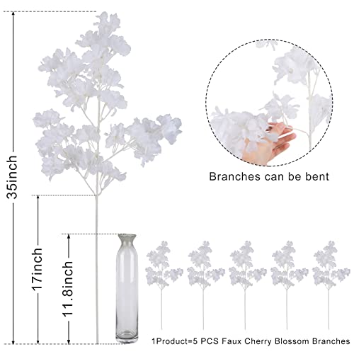 Pusuny Artificial Faux Cherry Blossom Branches Decor, 35 Inch for Tall Floor Vase Used as Wedding Home Decoration, Fake White Flowers for Dinner Table Centrepiece, White, 5PCS