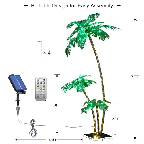 Solar Lighted Palm Tree 7FT 3FT 2FT Artificial Palm Tree Decor for Outdoor 218 LED Light up Fake Tree for Indoor Outside Patio Hawaiian Tiki Bar Decoration, Green - size: 7+3+2ft-Solar