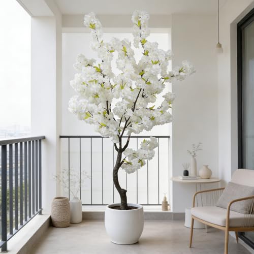 BINCUE Artificial White Cherry Blossom Tree Fake Tree Cherry Blossom Decor Fake Flowers Faux Flowering Tree White Flowers Floral for Indoor Outdoor Room Home Decor Spring Gift 6FT - color: White-04ap