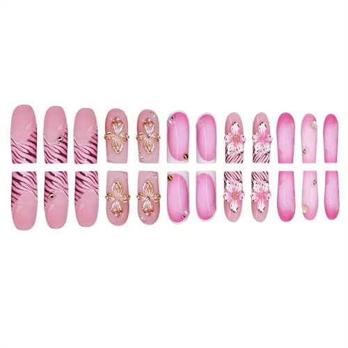Flower Press on Nails Medium Square Fake Nails Pink False Nails with Embossed Rhinestone Designs Wild Flowers Glossy Stick on Nails Glue on Nails Acrylic Nails for Women Girls 24 Pcs - color: Flower Square34