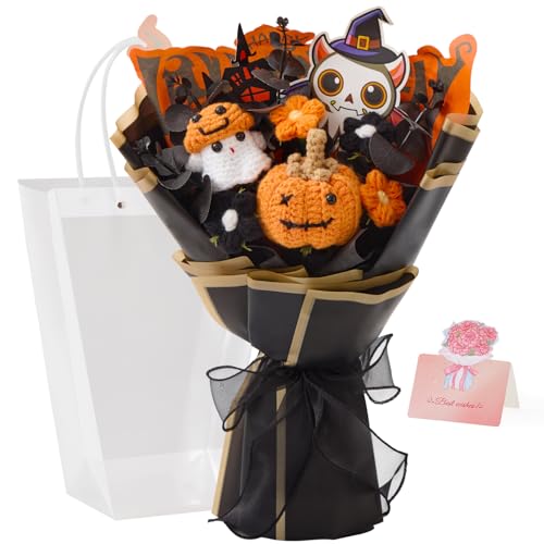 Alecono Crochet Flower Bouquet, Halloween Knitted Flowers, Black Handmade Pumpkin Bouquet of Flowers for Kids Baby Festival Gifts (Include Card) - color: Halloween