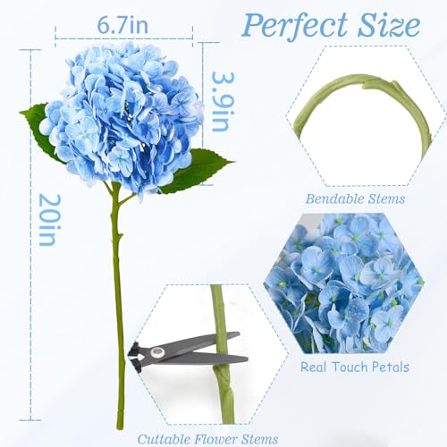 20" 4Pcs Blue Faux Hydrangea Flowers Real Touch Fake Hydrangeas Bouquet Hydrangea Artificial Flowers with Leaves Stems for Centerpiece Arrangements Wedding Party Home Décor - color: Blue