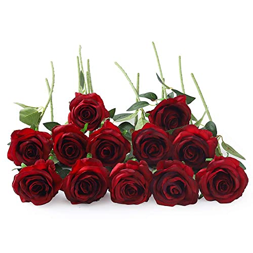 Laelfe 12 PCS Artificial Flowers Roses Silk Flowers Fake Long Stem Artificial Roses for Home Wedding Bathroom Kitchen Decorations (Gradient Burgundy) - color: Gradient Burgundy
