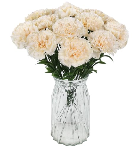 16PCS Carnations Artificial Flowers 14.8'' Fake Carnation Silk Flowers with Single Stem Faux Carnations Flowers for Home Table Centerpiece Wedding Decorations Floral Arrangements (Champagne) - color: Champagne
