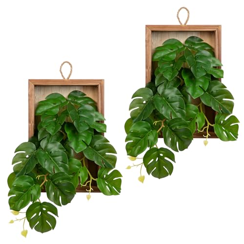 DILATATA Artificial Hanging Plants with Wooden Frame 2 Pack Faux Monstera Leaves Hanging Vine Greenery Plants for Living Room Bedroom Farmhouse Office Home Decor