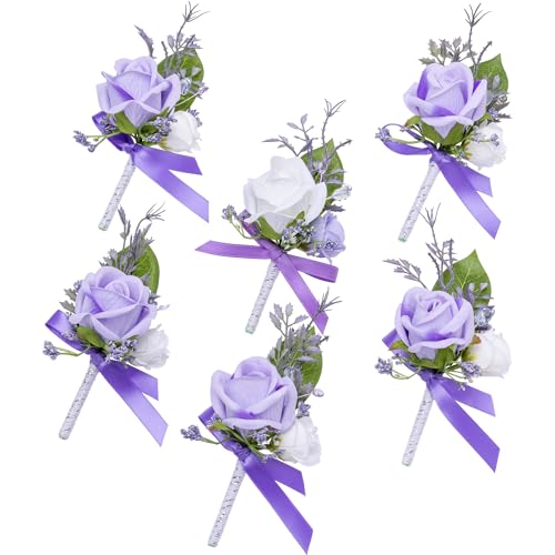 Fnize Purple Boutonniere for Men, 6 Pcs Groom Groomsmen Boutonnieres, Artificial Flowers for Wedding Prom Homecoming - color: Purple