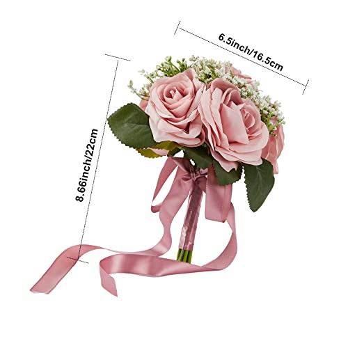 Bridesmaid Bouquets - Set of 4, 6.5 Inch Small Bridesmaid Bouquet Set - Artificial Rose Wedding Flowers - Floral Centerpieces - color: 18020-bean-paste-purple-4pcs