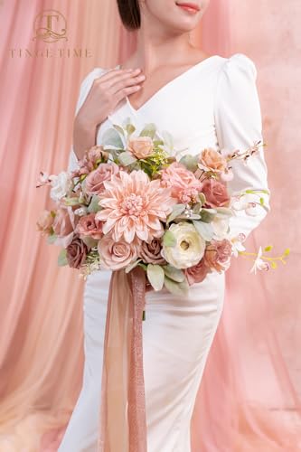 TINGE TIME 13 Inch Wedding Bouquets for Bride,Bridal Bouquet for Bride, Artificial Silk Flowers for Wedding Ceremony and Anniversary (Dusty Rose & Cream) - color: Dusty Rose