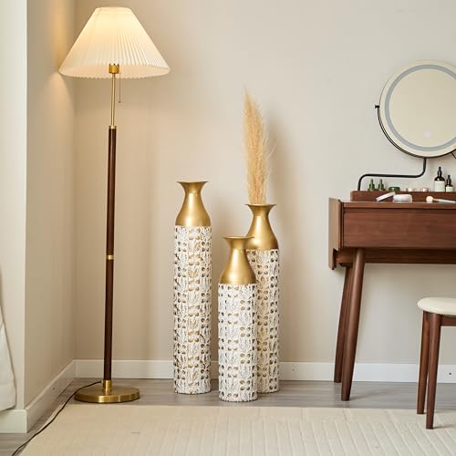 Floor Vases, Tall Home Decor Metal Vase Set of 3 Large Glazed Decorative Vases for Wedding Decor, Elegant Modern Flower Holder for Living Room, Entryway, Hallway - color: Leaf Mix White Gold
