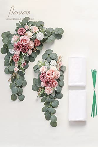 Floroom Arch Flowers with Drapes Kit (Pack of 4) - 2pcs Artificial Dusty Rose & Blush Floral Swag Arrangement with 2pcs Draping Fabric for Wedding Ceremony Arbor and Reception Backdrop Decoration - color: Dusty Rose & Blush