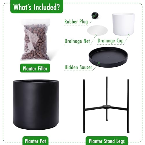 D'vine Dev Modern Black Plants Pot Cylinder Planter with Heavy Duty Stand, Large 12 Inch Pot, 17.6 Inch with Stand Height, 96-T-B-3 - color: Black, size: Large 12 Inch