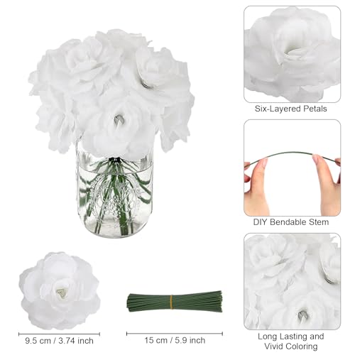 LELEE 108pcs White Roses Head Flowers with Stem - Artificial Flowers Rose Bulk - Silk Rose Fake Flower for Wedding Bouquet Party Home Decor DIY Baby Shower Centerpieces Tables Decoration - color: White