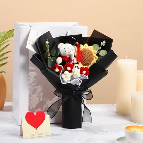 Graduation Crochet Flower Bouquet Set Includes Stuffed Bear Knitted Sunflower Daisy Eucalyptus Greeting Card Gift Bag 2026 Black Flower Bouquet Graduation Gift - color: Black, style: Stuffed Bear and Sunflowers
