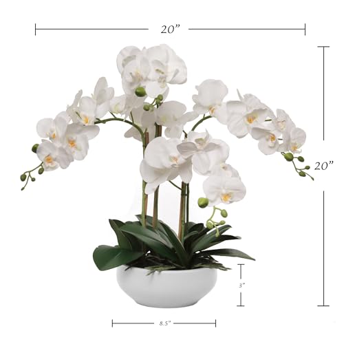 Larksilk 20" White Phalaenopsis Orchid in White Round Pot - Realistic Faux Orchid Arrangement