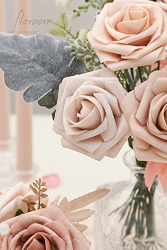 Floroom Artificial Flowers 25pcs Real Looking Morandi Peach Ombre Colors Foam Fake Roses with Stems for DIY Wedding Bouquets Bridal Shower Floral Centerpieces Party Tables Home Decorations - color: Shades of Morandi Peach
