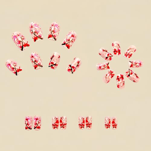 Flower Press-on Nails 24 Pcs, Square, Glossy, Full Cover, Red & White, Floral Designs, ABS Material, Easy to Apply & Remove - color: Flower Square15