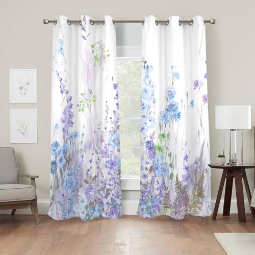 Renaiss Purples Blue Floral Print Blackout Curtains, Pastel Wild Flowers Thermal Insulated Bedroom Window Curtains, Spring Floral Art Window Curtains for Kitchen, 45" L x 29" W 2 Panel Set - color: Light Purple, size: 29"W x 45"L (Pack of 2)