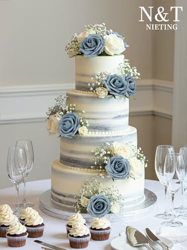 N&T NIETING Artificial Flowers with Stems, 25pcs Foam Roses Fake Flowers Perfect for DIY Wedding Bridal Bouquets Centerpieces Home Flower Arrangement Party Tables Decoration, Dusty Blue Gray - color: Dusty Blue, size: 25pcs