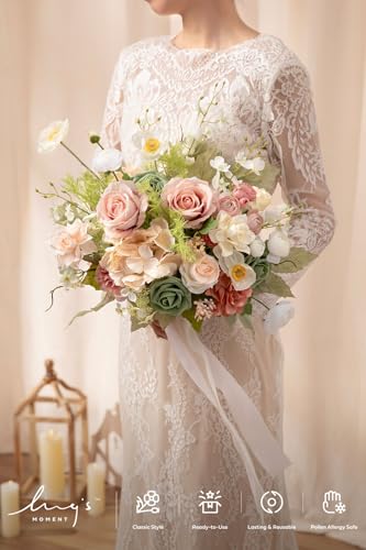 Ling's moment Coral Pink Wedding Bouquets for Bride, Blush Garden Bridal Bouquets for Bride, 13 Inch Free Form Artificial Wedding Flower Bouquet - color: Pk-blush Garden, size: Small 13 Inch