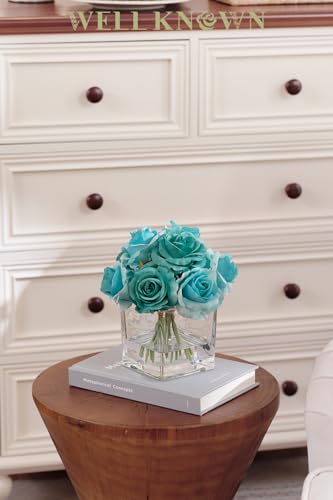 WELL KNOWN Rose Artificial Flowers in Vase with Faux Water, Silk Rose Table Centerpieces for Home Coffee Table Decor, Fake Roses Flower Arrangements for Office Hotel Lavatory Decor (Teal Blue) - color: Teal Blue