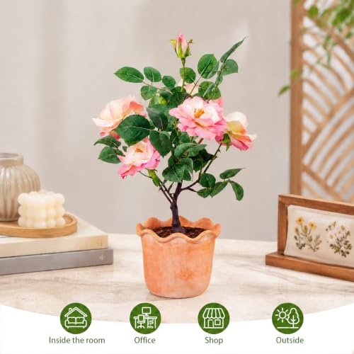 19 Inch Artificial Camellia Tree - Realistic Camellia Plant with Terracotta Pot,Adjustable Stem Low Maintenance Indoor Outdoor Decor for Living Room and Office（Pink） - color: Pink