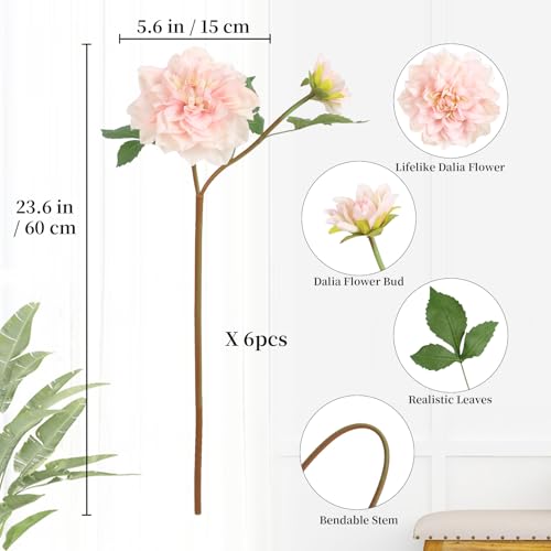 6pcs Artificial Dahlia Flowers Pink Faux Dahlia Large Dahlia Fake Silk Flowers with Long Stem for DIY Wedding Party Floral Arrangements Home Tables Decoration（Pink - color: Light Pink
