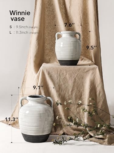 White Ceramic Vase, 9.5 Inch Large Farmhouse Flower Vase with Handles - Rustic Centerpiece for Living Room, Table, Bookshelf, Mantel, Entryway & Wedding Decor (Aurora White) - color: 9.5 Inch-aurora White