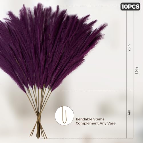 10 Pcs 39''/3.2FT Faux Pampas Grass Decor, Large Tall Fluffy Artificial Fake Flower, Bedroom Decor Boho Decor Pompas Floral for Vase Filler Farmhouse Home Wedding Decor (Purple) - color: Purple