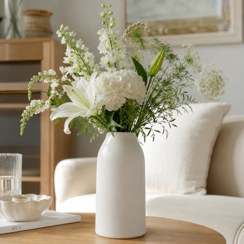 hjn 12 Inch White Ceramic Vase for Flowers, Matte Tall Modern Vase for Decor Minimalist Flower Vase for Home Decor Living Room Tabletop Centerpiece - size: 6D'' x 12"H(matte)