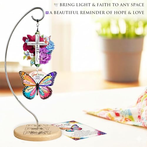 Christian Gifts for Women Birthday - Christmas Inspiration Religious Gifts for for Friends, Mom, Sister, Girl, Female Coworker, Christian - Christian Desk Decor - Religious Spiritual Gift - color: 04 - Cross Faith Rose Butterfly God Says